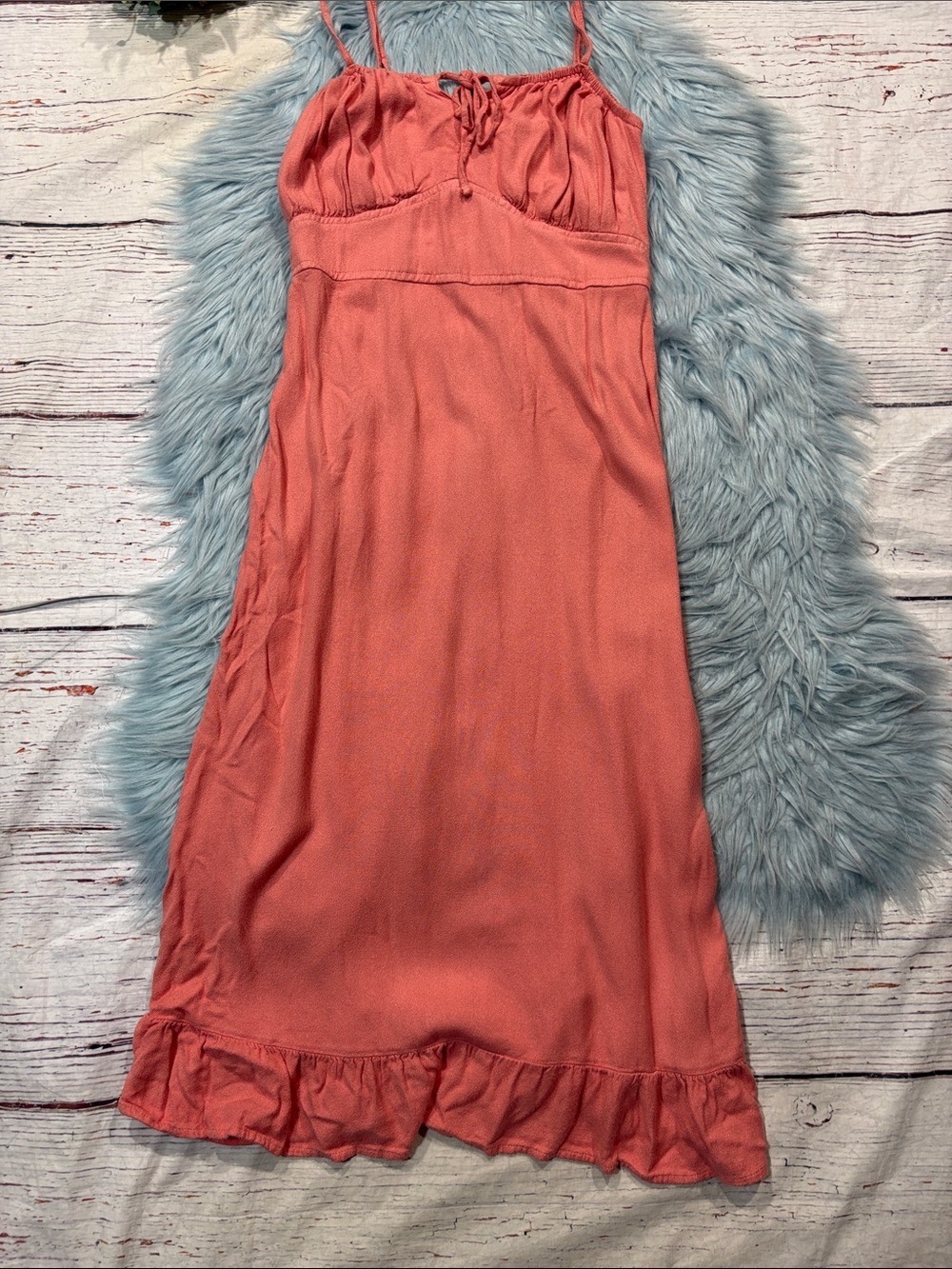 Abercrombie & Fitch Cottagecore Cinched Tie Front Ruffle Hem Coral Midi Dress - Picture 3 of 8